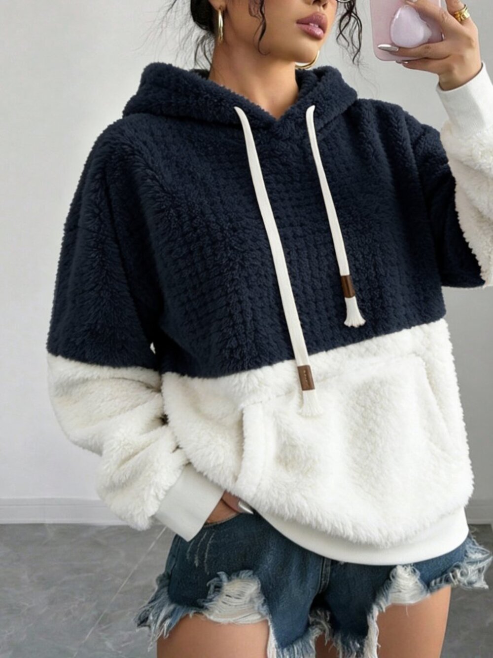 Navy Blue Casual Women's Fuzzy Loose Pullover